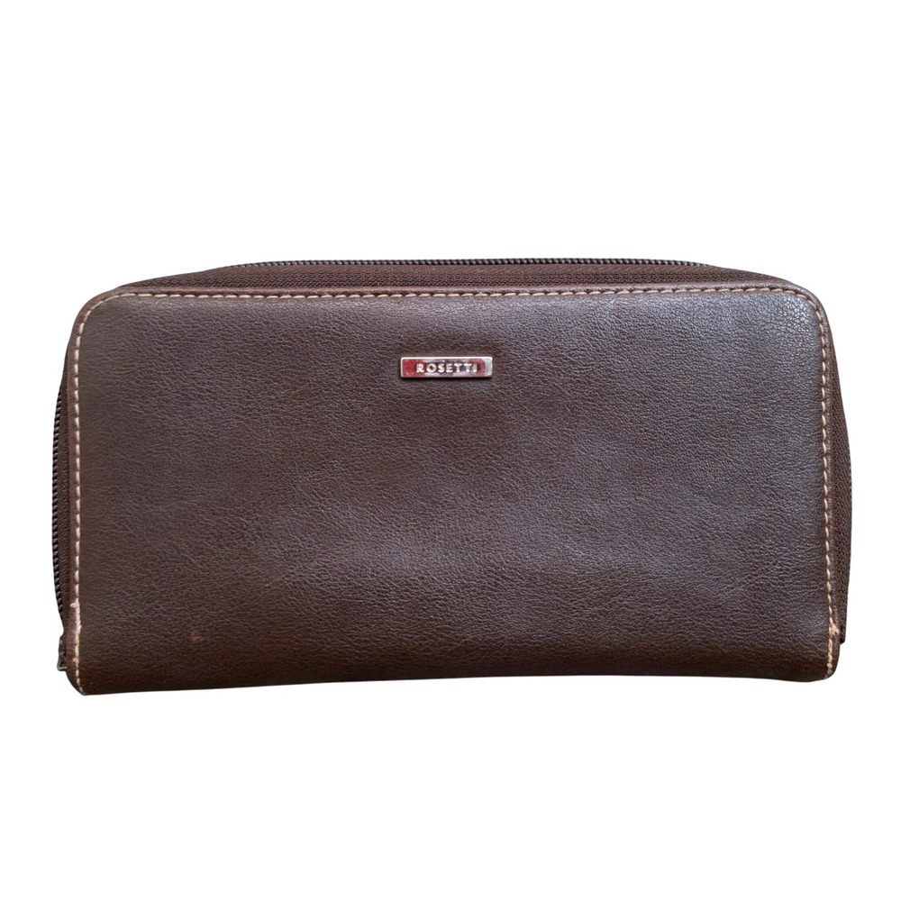 Rosetti Brown Faux Leather Zip Around Wallet‎ Silver Logo Contrast Stitching